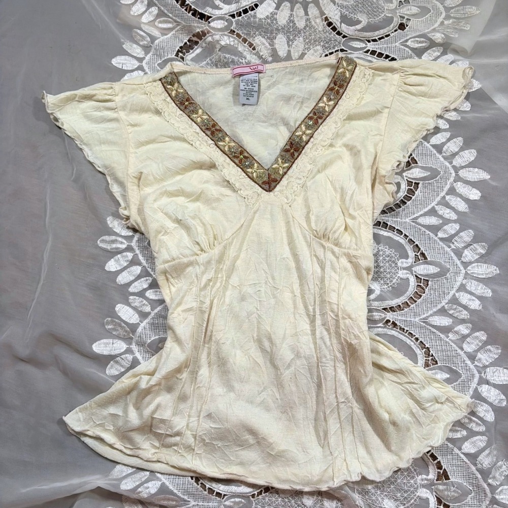 Y2K Babydoll Fairy Cream Boho Embroidered V-Neck Flutter Sleeve Empire Waist XL